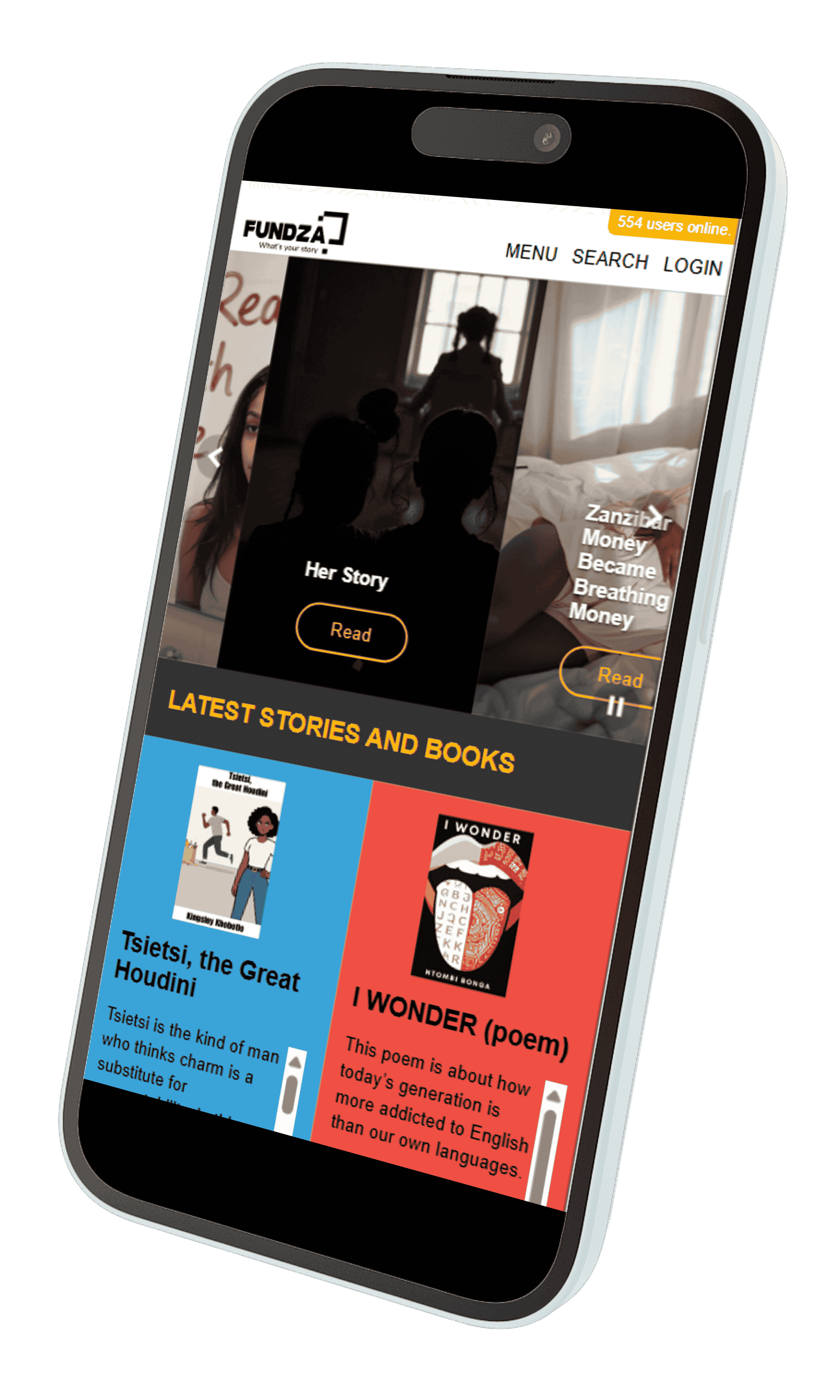The supplied Fundza mobile platform displayed on an angled phone mockup